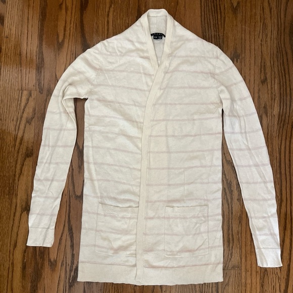 Theory Womens M Cream/Pink Striped Cotton Cashmere Open Front Cardigan Size P/TP - Picture 2 of 10